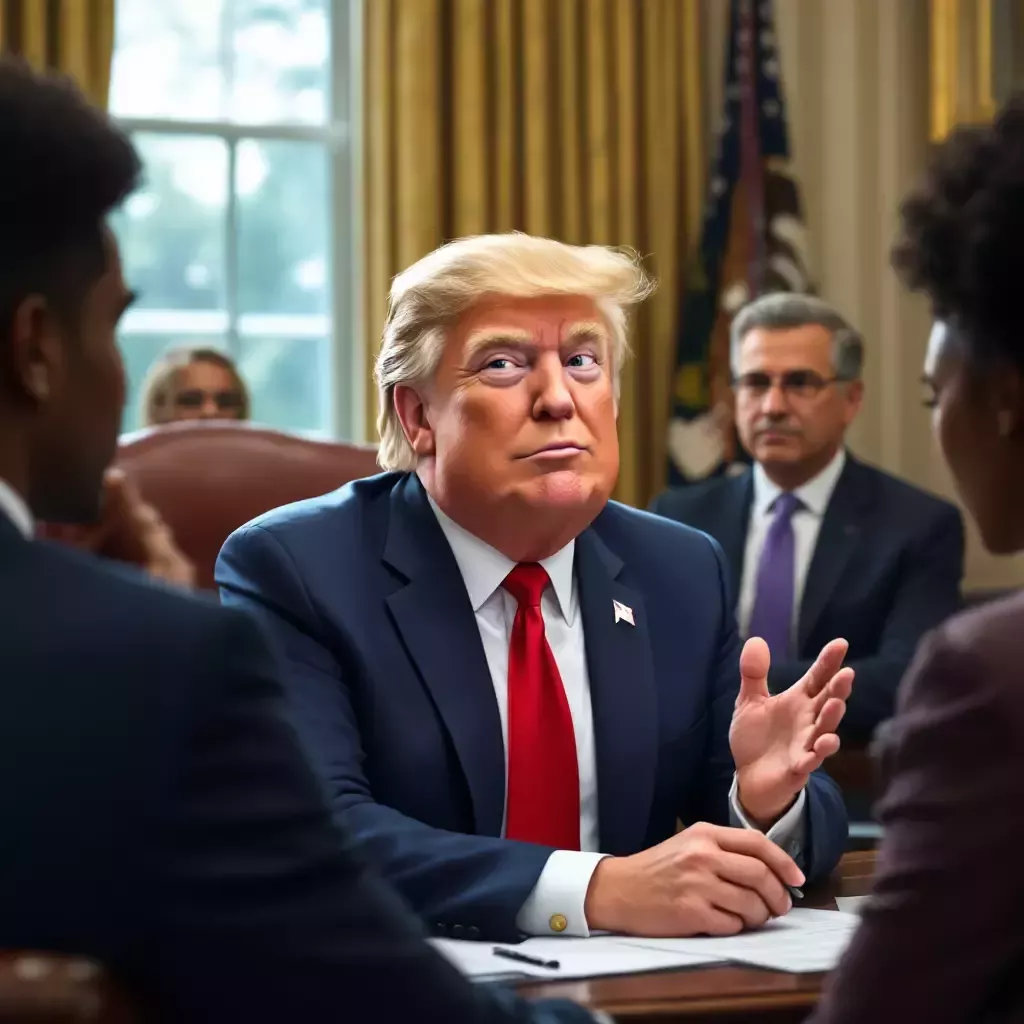 A caricature of Donald Trump sits at his desk in the Oval Office, surrounded by advisors. He looks animated and confident, explaining his new rule to the attentive aides.