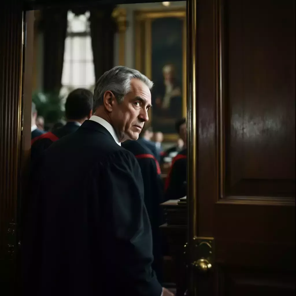 Cut to a scene in the Senate chamber. A senator, wearing a suit, is peering nervously through the doorway where a stack of robes is visible.