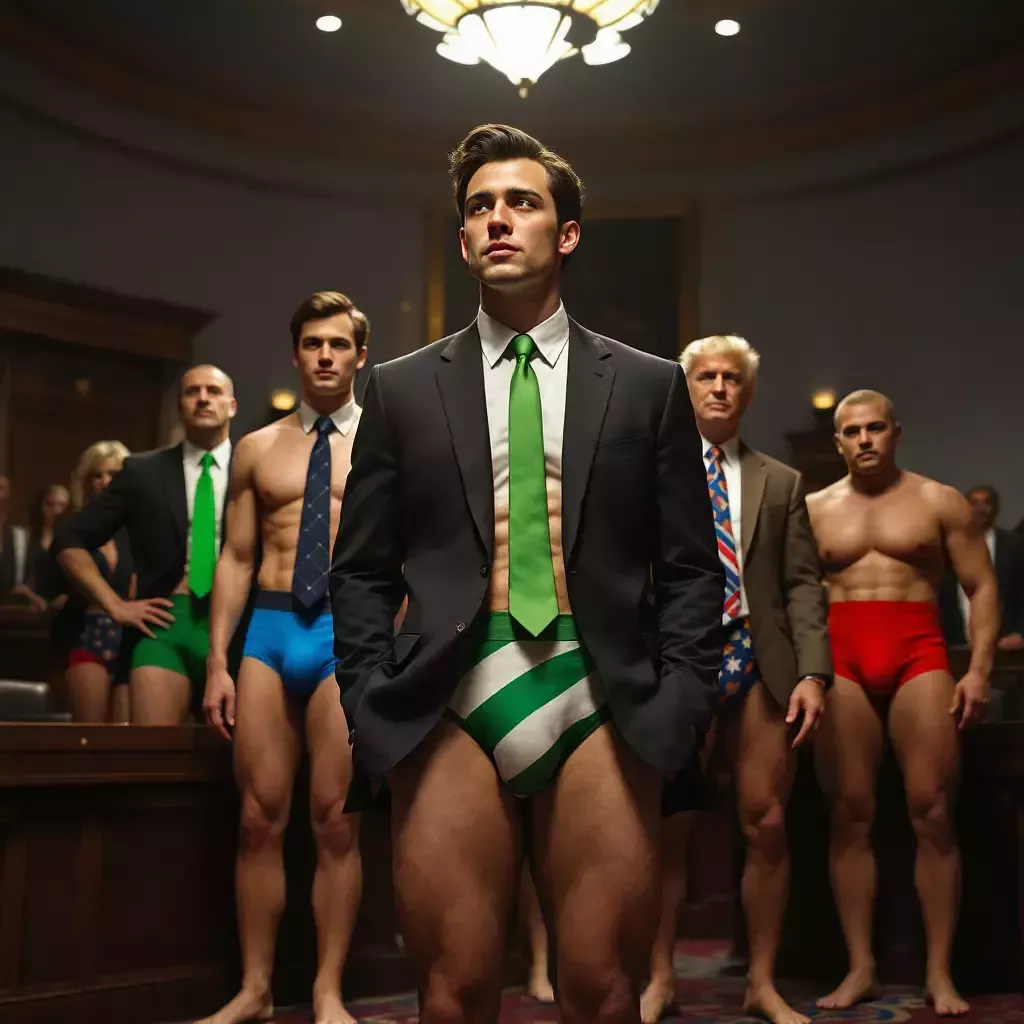 Inside the Senate chamber, half the senators are wearing suits, while the other half are humorously depicted in their elaborate, mismatched underwear. Their bare legs are visible. A male senator in the background is wearing black lace women's panties.